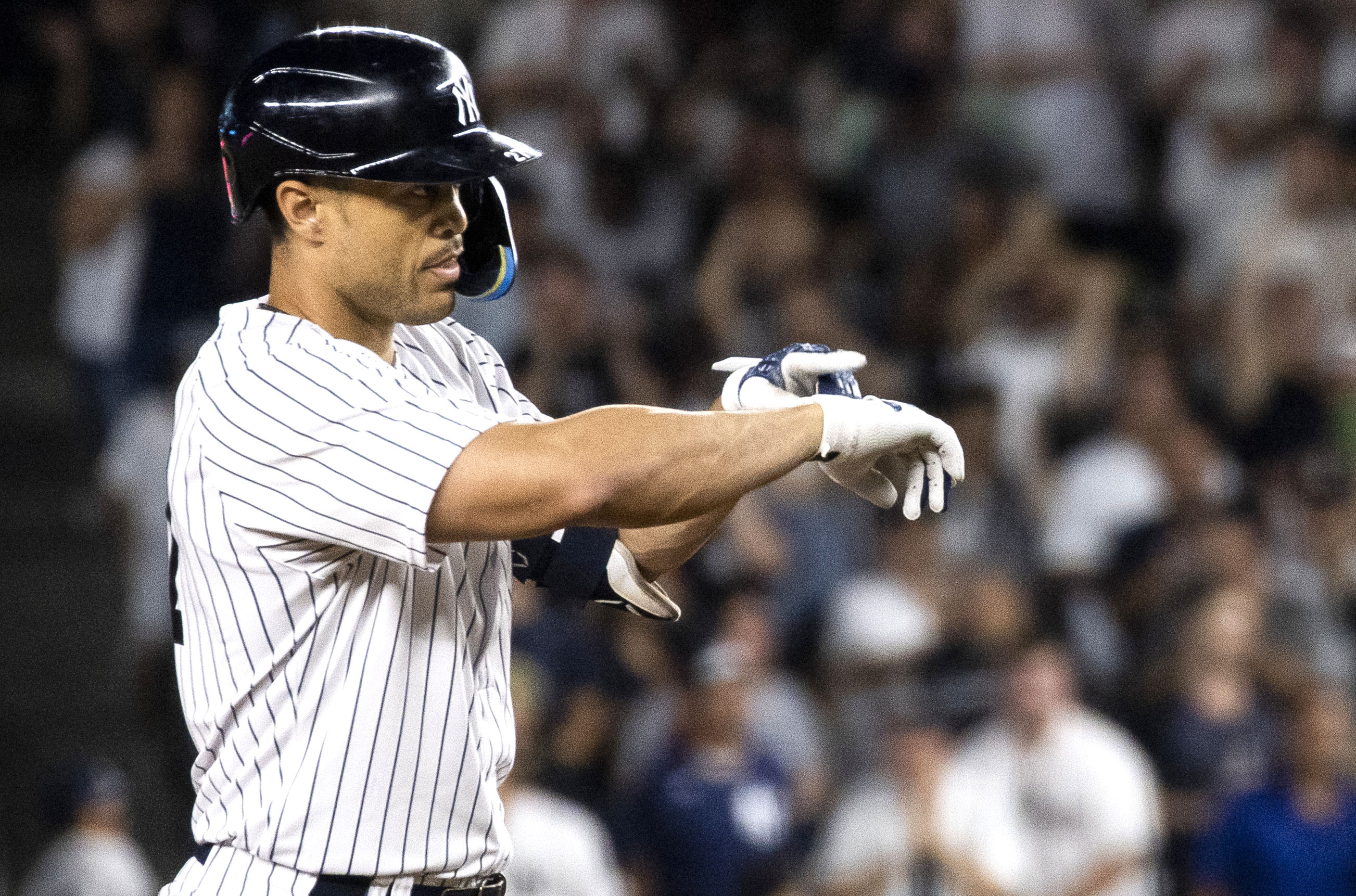 Giancarlo Stanton reacts after belting a double in the Yankees' 14-1 blowout win over the Red Sox.