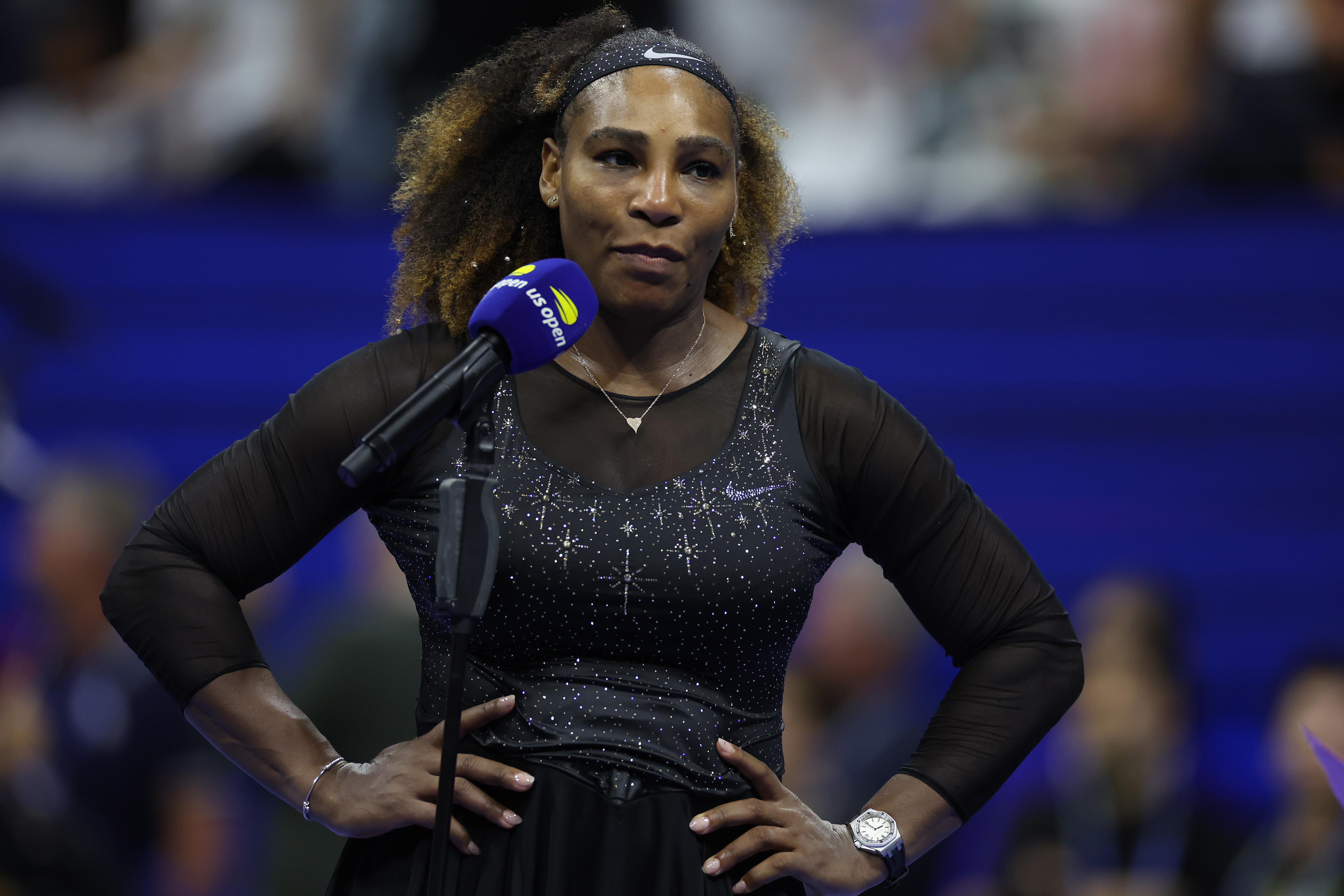 Serena Williams speaks after her match.
