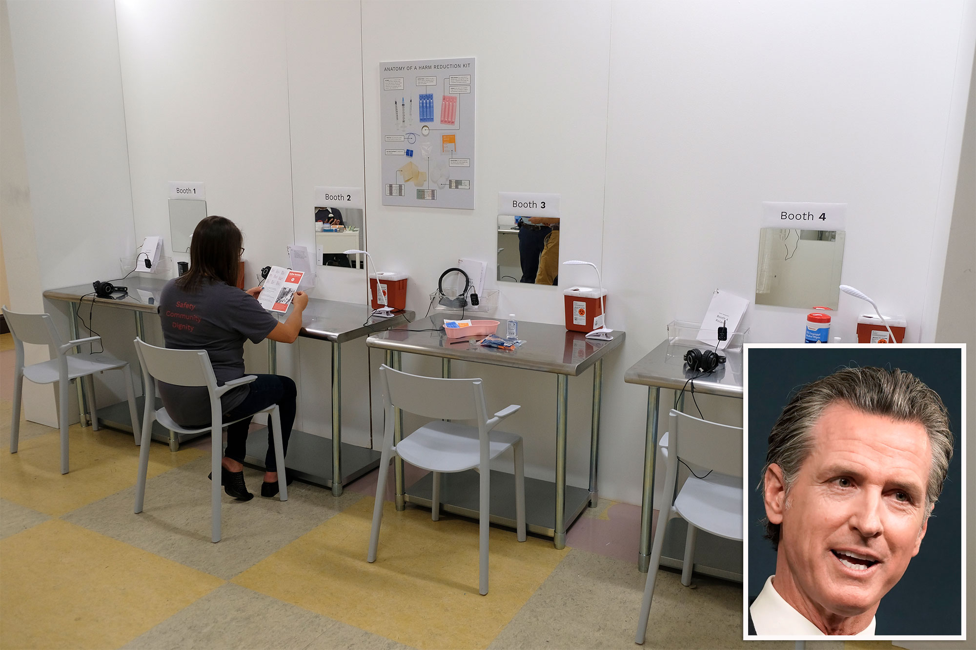 A woman sits a table labeled booth 2 at a safe injection site. Inset: headshot of California Gov. Gavin Newsom