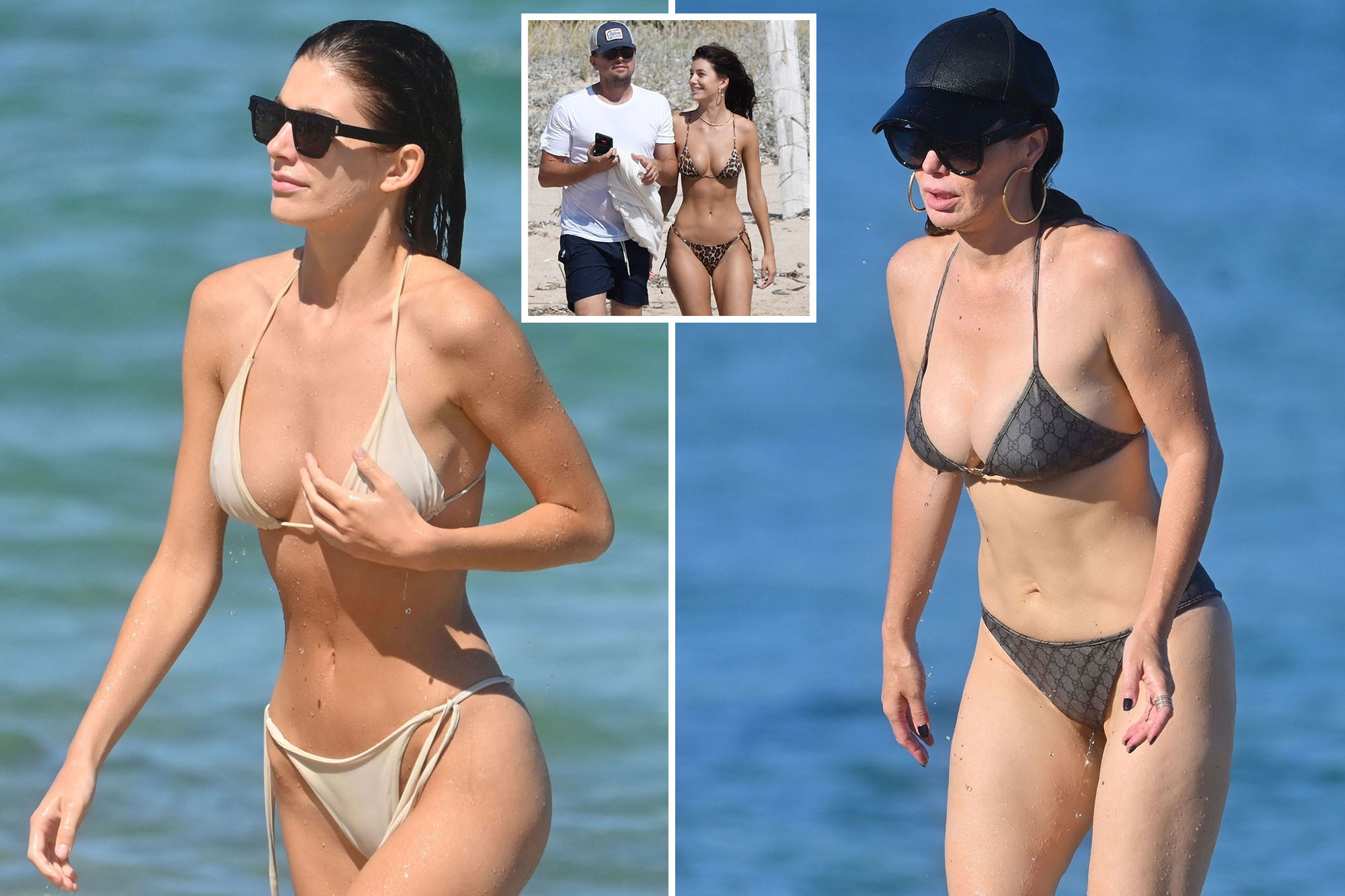 Camila Morrone (left) was seen hitting the beach with her equally stunning mom Lucila Solá (right) on Friday. Morrone is seen inset with her boyfriend, Leonardo DiCaprio.