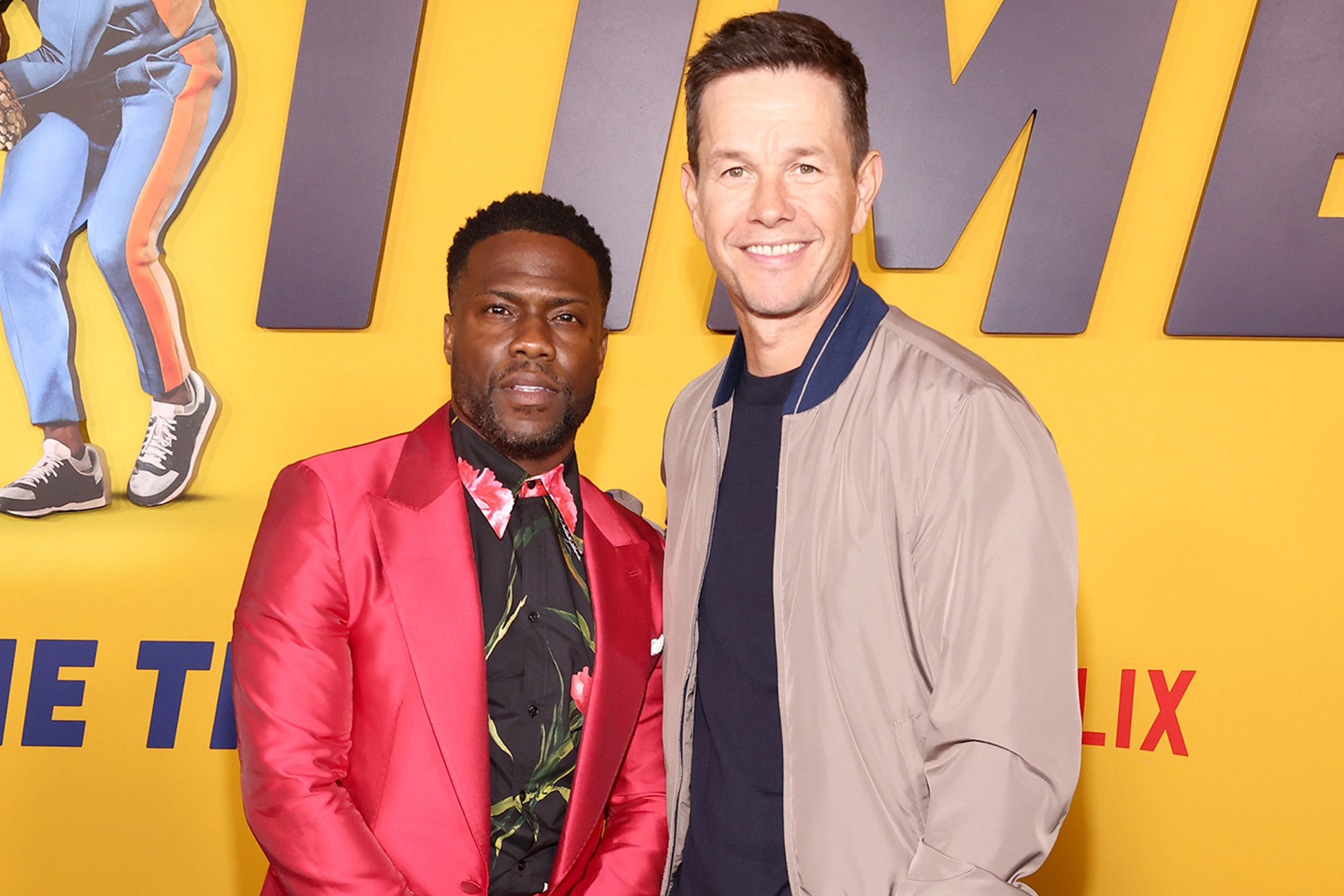 Kevin Hart and Mark Wahlberg attend the Netflix premiere of "Me Time" in Los Angeles on Aug. 23.
