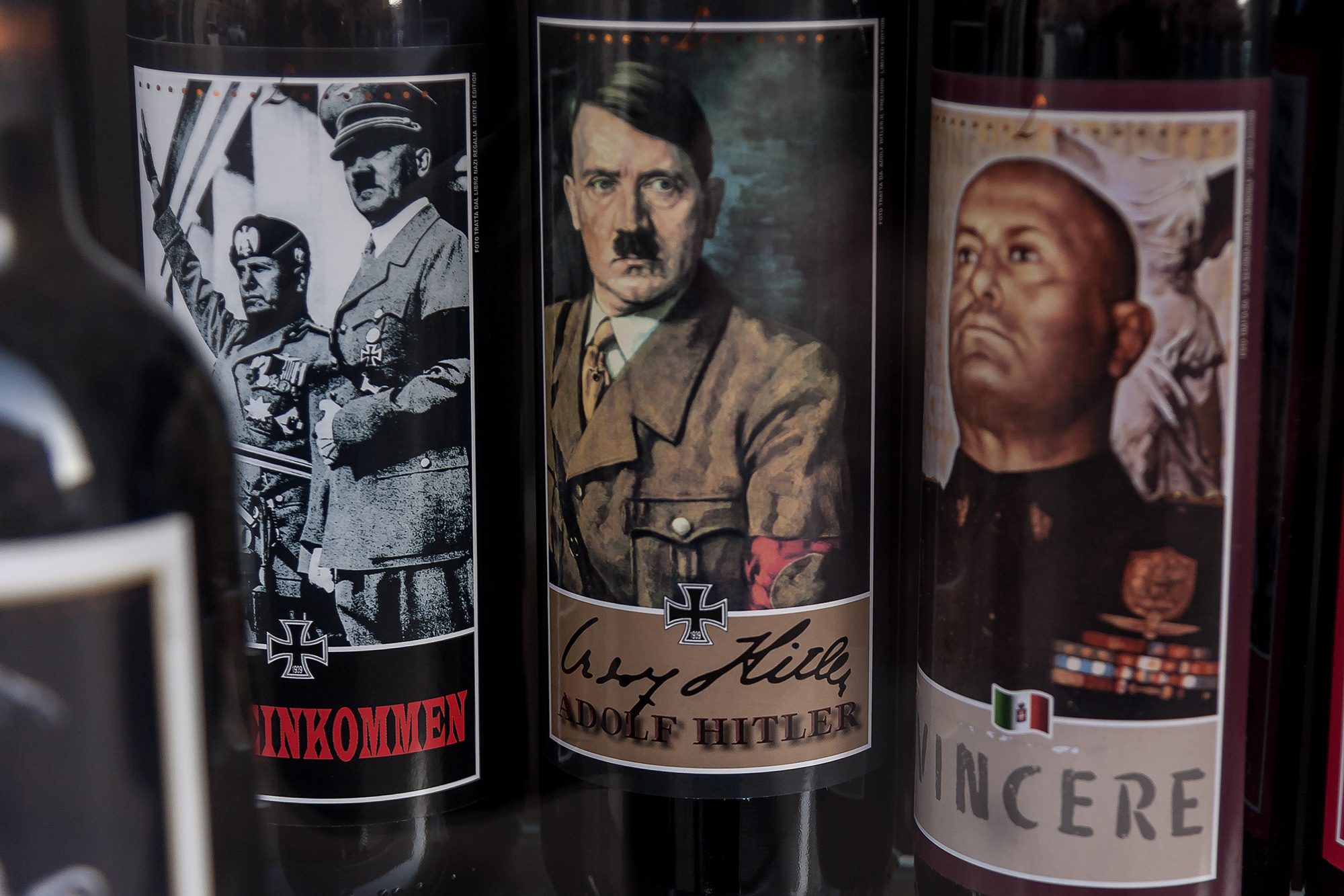 A shop in the centre of Rome near the Ministry of Interior shows bottles of wine with pictures of Mussolini, Hitler, Lenin and Stalin on January 20, 2018, in Rome, Italy.