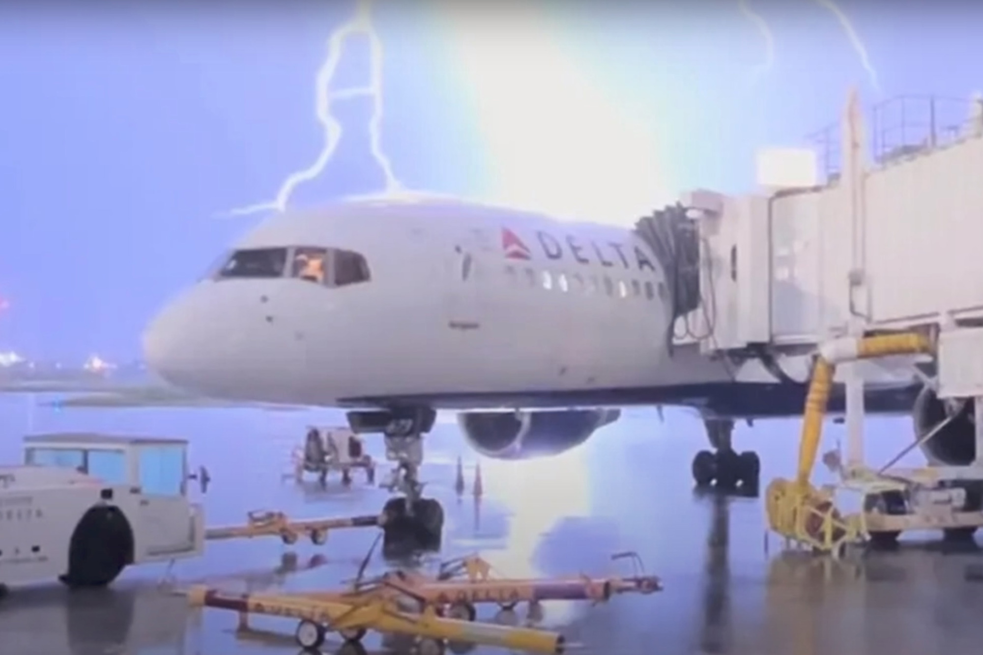 Lightning strikes the Louis Armstrong New Orleans International Airport on Saturday morning.