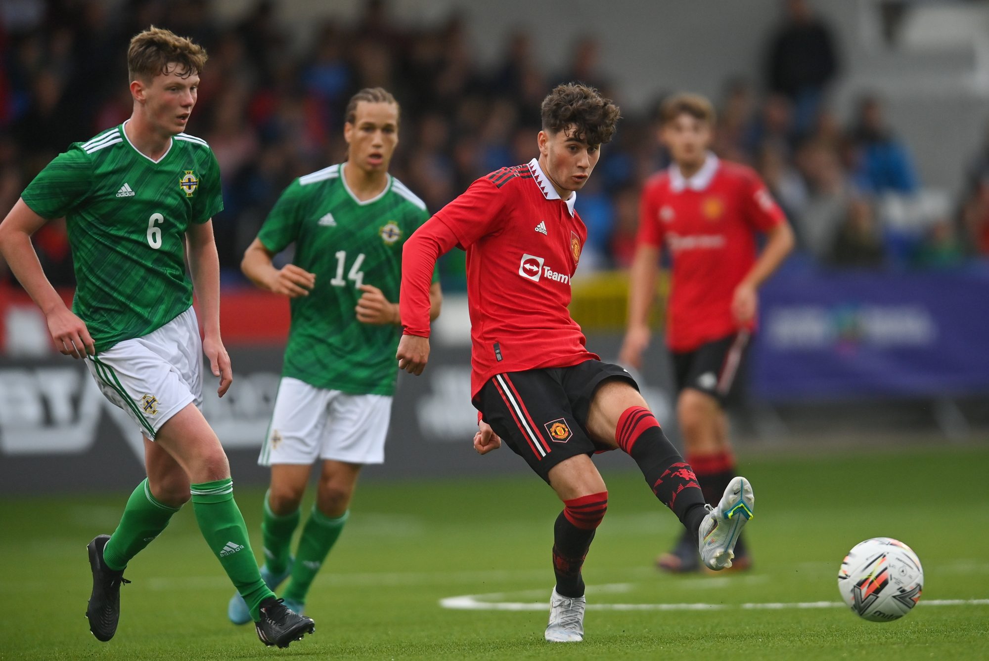 Ruben Curley of Manchester United during the SuperCupNI match between Northern Ireland and Manchester United at Coleraine Showgrounds in Coleraine, Derry.