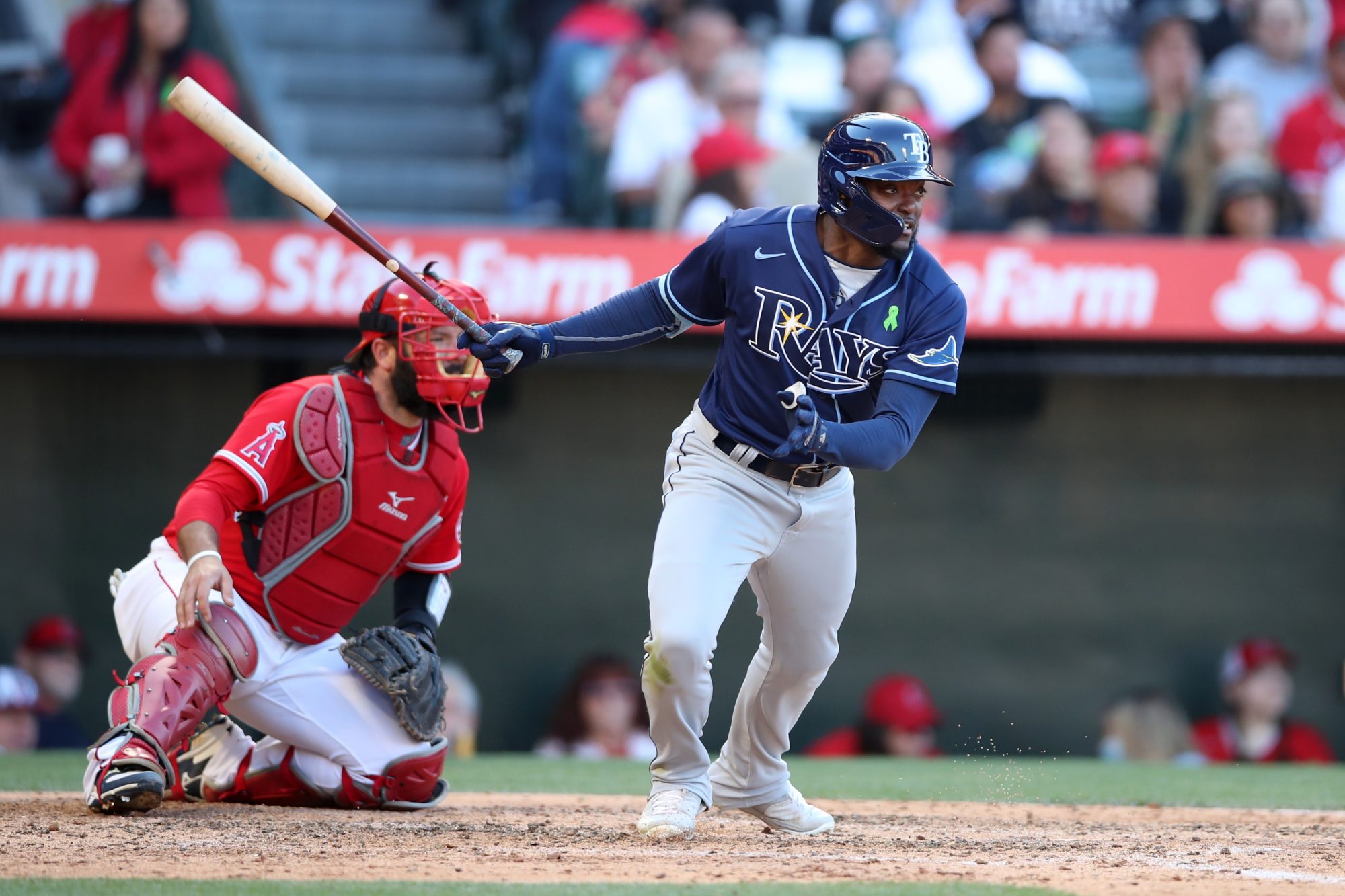 Vidal Bruján #7 of the Tampa Bay Rays bats during the game against the Los Angeles Angels at Angel Stadium of Anaheim on May 11, 2022