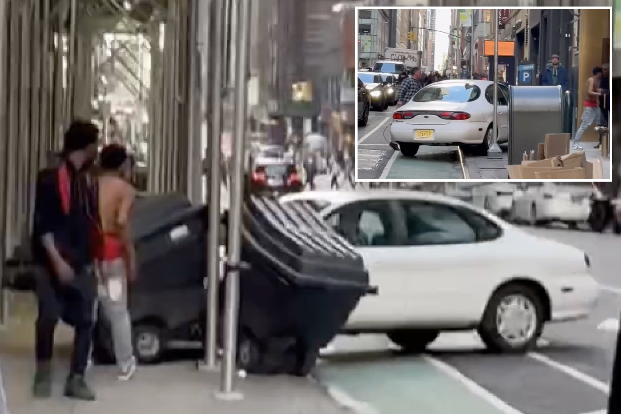 white sedan jumps NYC curb in road rage incident