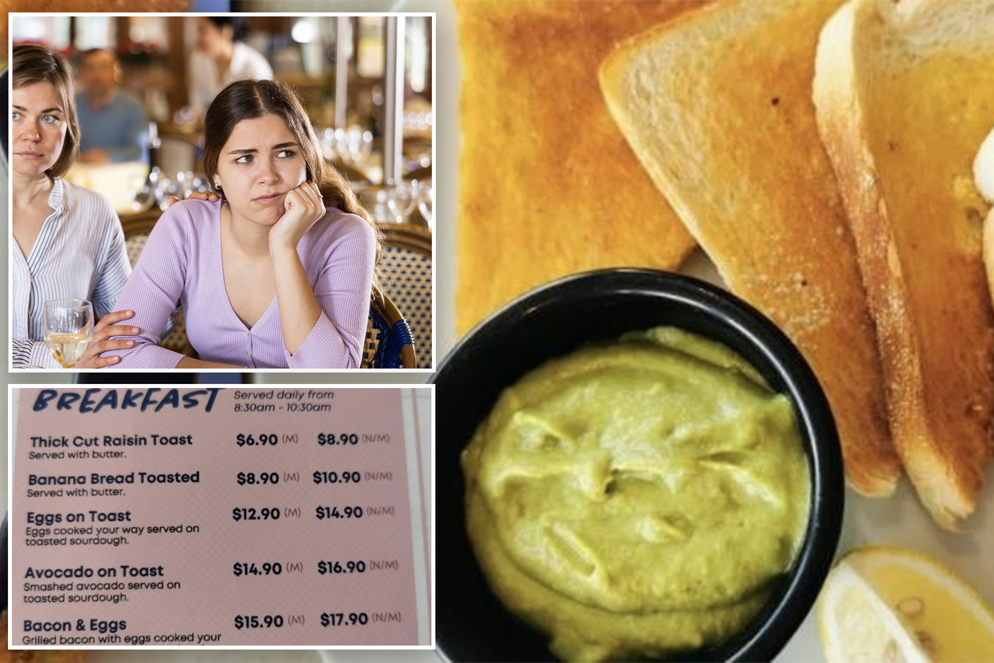 A woman sitting at a table with a bowl of food and a menu, featuring avocado toast