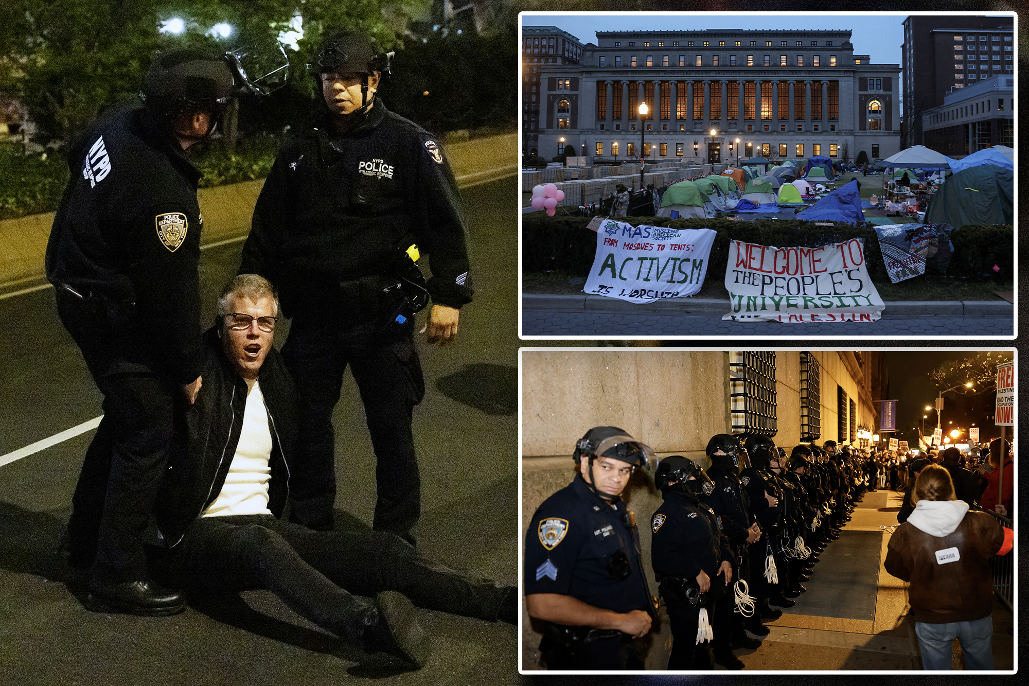 riot police at columbia, protesters tents set up past deadline