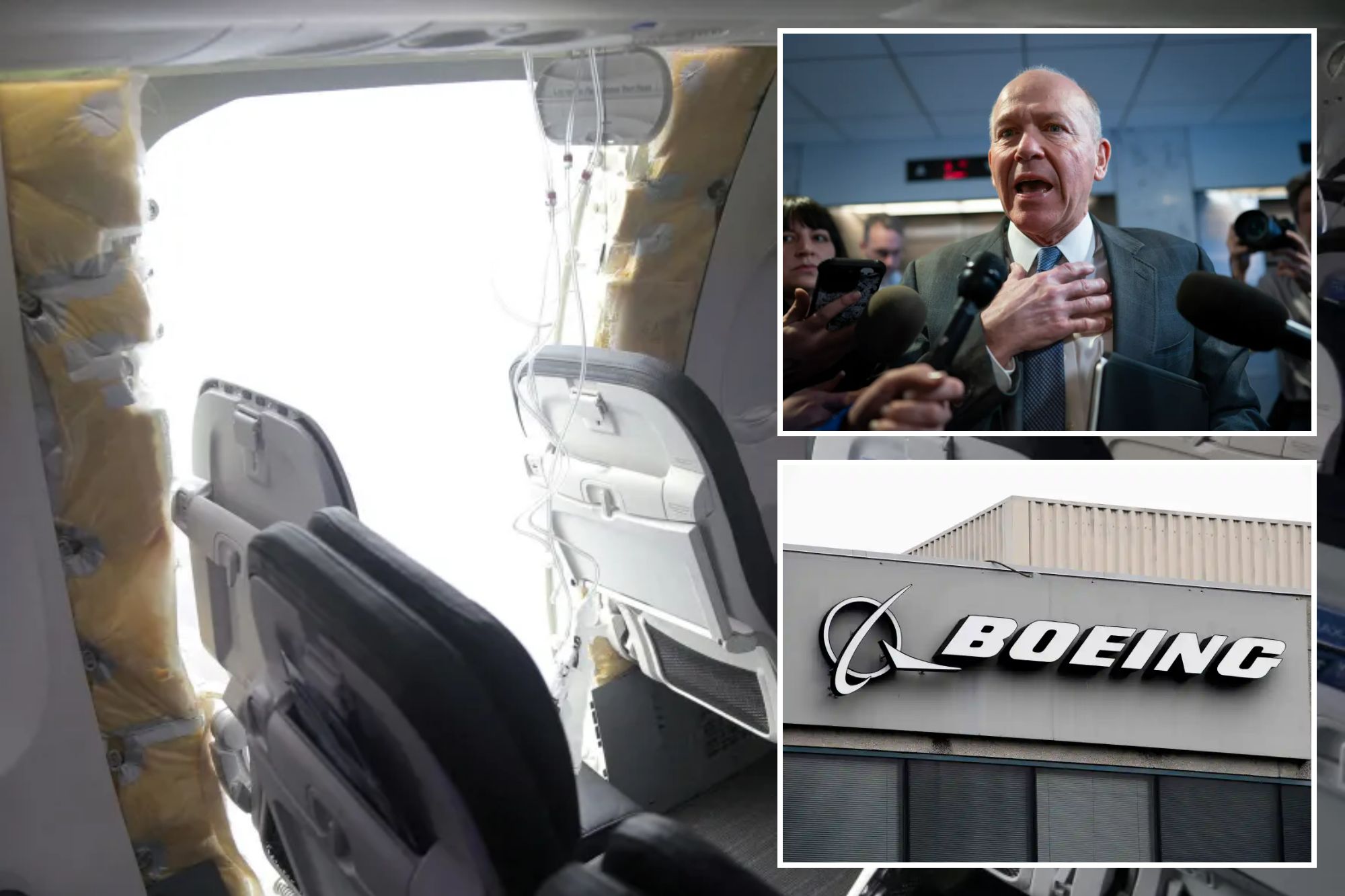 Boeing CEO Dave Calhoun, Alaska Airlines plane with missing door and Boeing logo