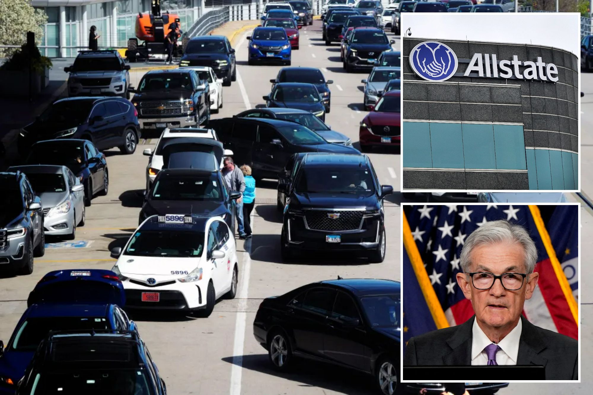 Traffic in Chicago, Allstate sign and Fed Chair Jerome Powell