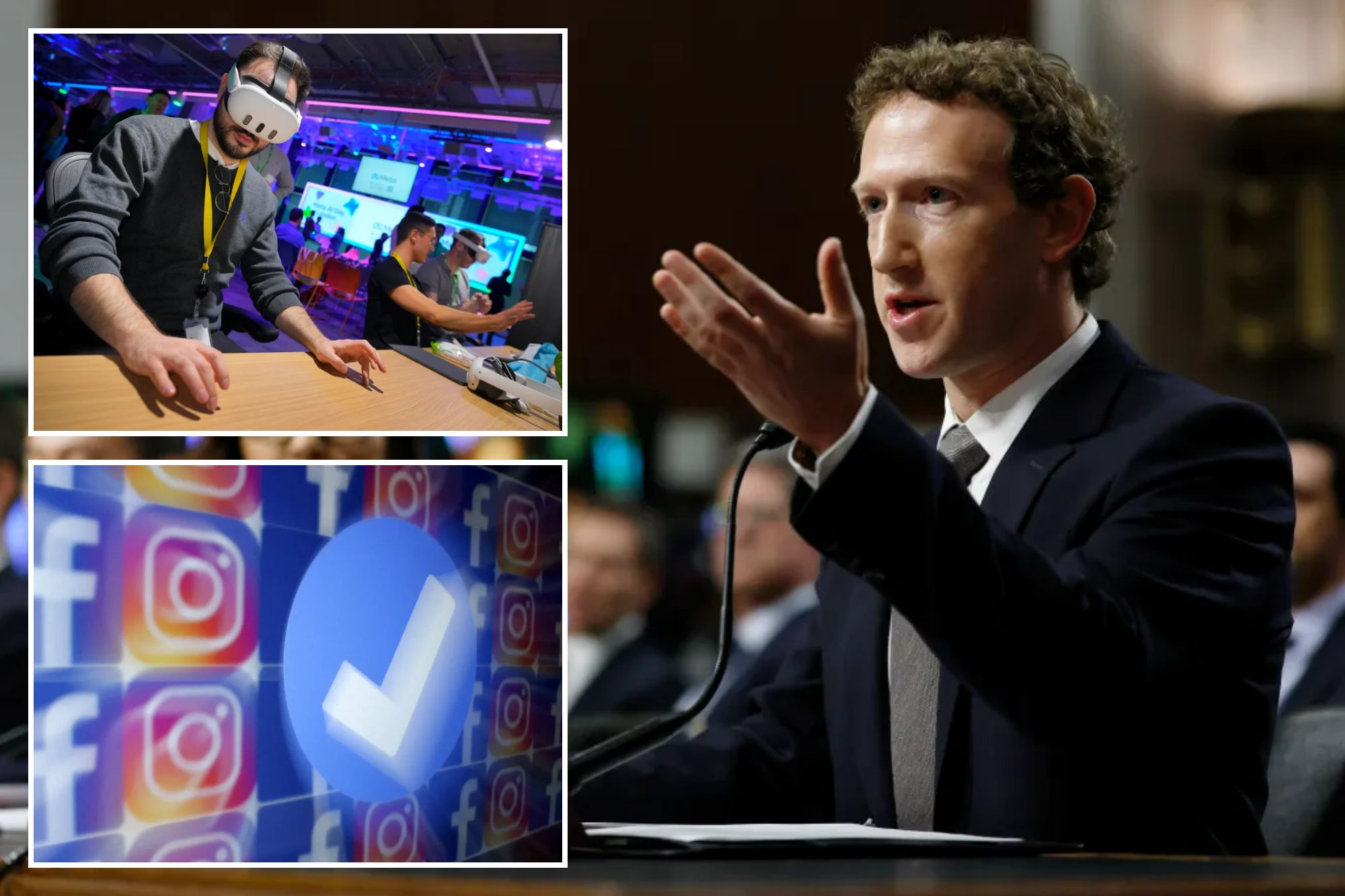 Meta CEO Mark Zuckerberg, Meta Quest headset, Facebook, Instagram logos
