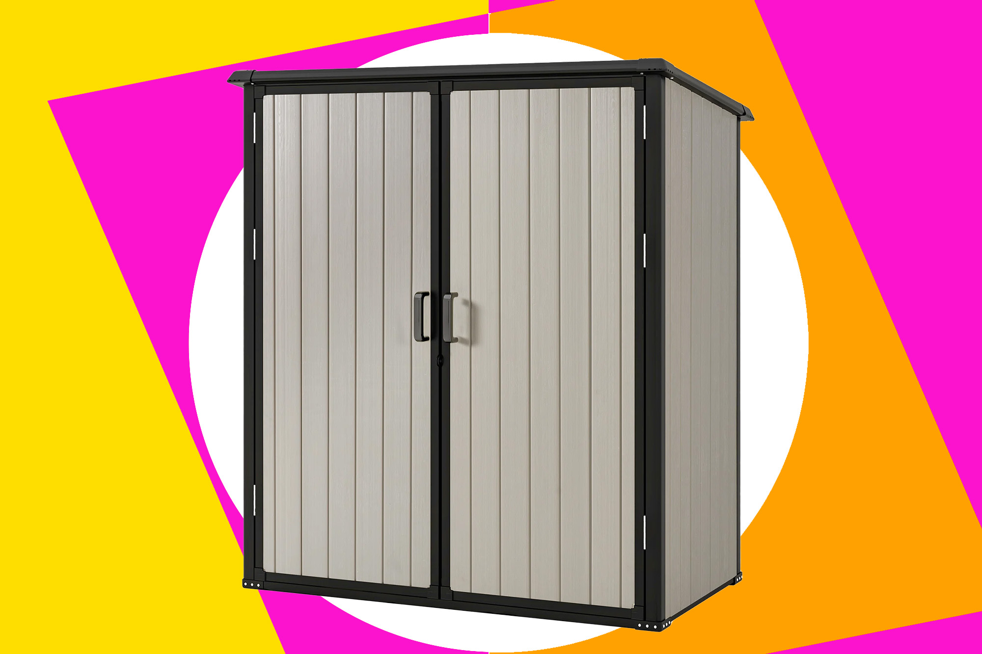 A grey shed with black trim