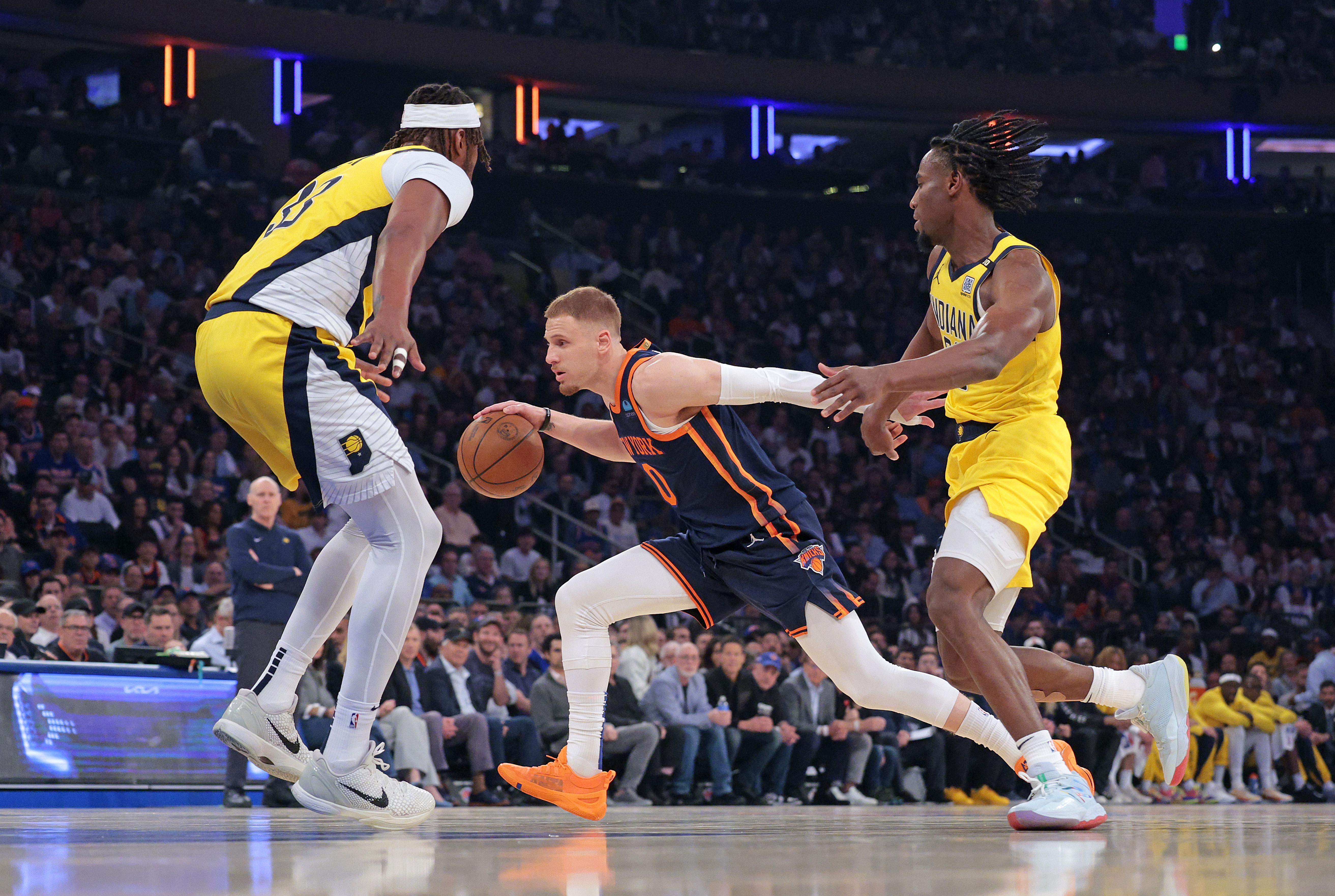Indiana Pacers vs. New York Knicks at Madison Square garden - New York Knicks guard Donte DiVincenzo #0 drives down court during the first quarter.