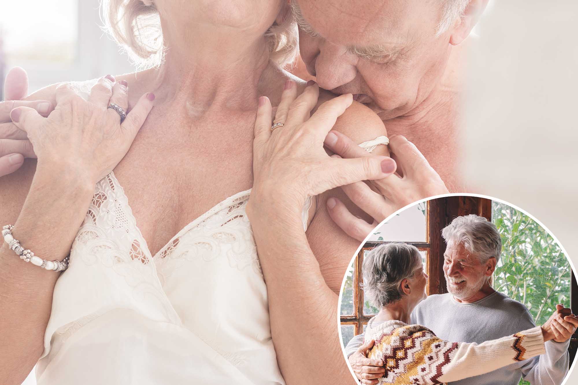 Close up of a passionate senior couple, man kissing woman's arm