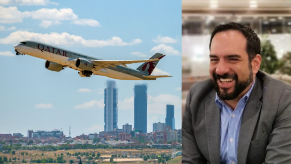 On the left is a picture of a plane taking off, on the right is a picture of Manuel Guerrero Aviña, he is smiling, has a beard and is wearing a suit