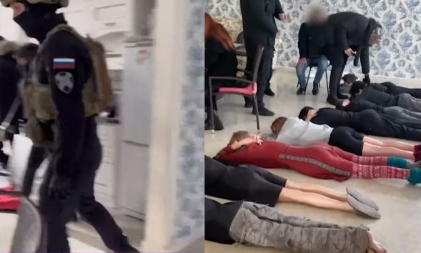 Side by side screenshots from a video from state-run media of police in Russia raiding an alleged 'anti-war LGBTQ+ party'