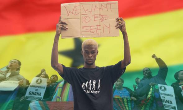 A graphic composed of the red, yellow and green flag of Ghana; people protesting against an anti-LGBTQ+ bill proposed by Ghanaian lawmakers; and a Ghanaian queer activist holding up a sign reading 'We want to be seen'