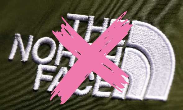 The North Face logo with a pink X over it
