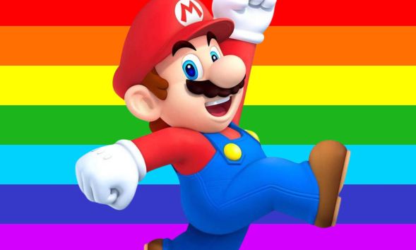 A picture of Mario infront of a Pride flag.