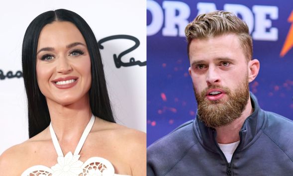 Katy Perry (left) in a white dress and smiling. Harrison Butker (right) in a blue fleece, mid speech.