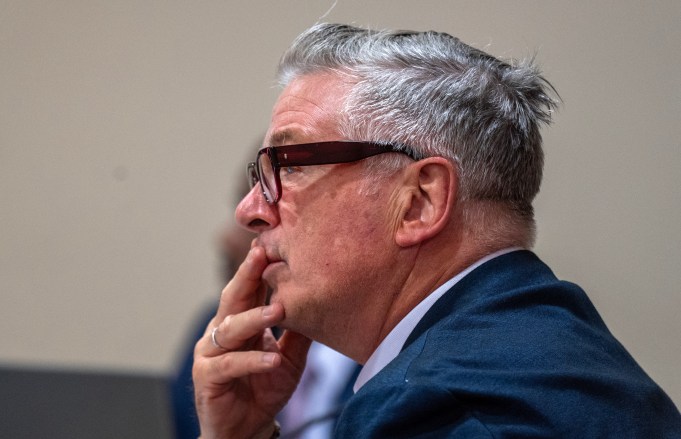 Actor and producer Alec Baldwin sits in First District Court during the second day of testimony in the trial against him, in Santa Fe, N.M. Thursday, July 11, 2024. Baldwin is on trial for the charge of involuntary manslaughter related to the death of cinematographer Halyna Hutchins during the filming of the movie Rust in 2021.