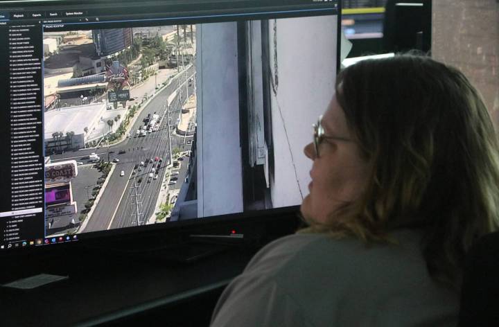 A Metropolitan Police Department staffer monitors West Flamingo Road that runs in front of the ...