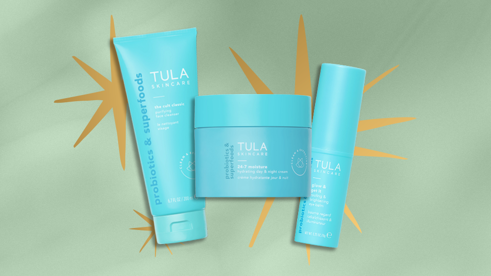 Left to Right: Tula The Cult Classic Purifying Face Cleanser, Tula 24-7 Power Swipe Hydrating Day & Night Treatment Eye Balm, Tula Glow & Get It Cooling & Brightening Eye Balm.