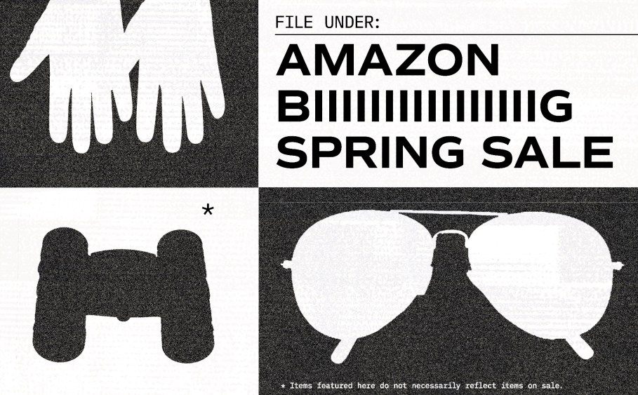 A black and white picture with cutouts of sunglasses, gloves, and binoculars with the text "Amazon Big Spring Sale"