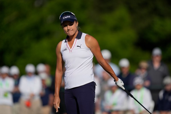 Lexi Thompson reacts on the 10th green during the second round of the U.S. Women's Open golf tournament at Lancaster Country Club, Friday, May 31, 2024, in Lancaster, Pa. (AP Photo/Matt Rourke)