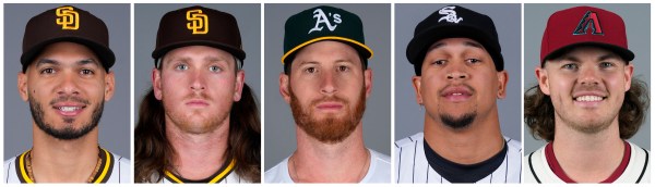 FILE - This combination of 2024 file photo shows baseball players, from left, Tucupita Marcano, Jay Groome, Michael Kelly, Jose Rodríguez and Andrew Saalfrank. Major League Baseball has permanently banned Marcano Tuesday, June 4, 2024, for betting on baseball and suspended the four other players for one year after finding the players placed unrelated bets with a legal sportsbook. None of the players punished played in any games on which they wagered, and all players denied to MLB they had inside information relevant to their bets or the games they bet on – testimonies that MLB says align with the data received from the sportsbook. (AP Photo/File)