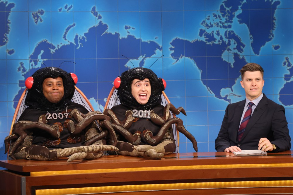 SATURDAY NIGHT LIVE -- Episode 1864 -- Pictured: (l-r) Kenan Thompson, Marcello Hernández, and anchor Colin Jost during Weekend Update on Saturday, May 18, 2024 -- (Photo by: Will Heath/NBC via Getty Images)