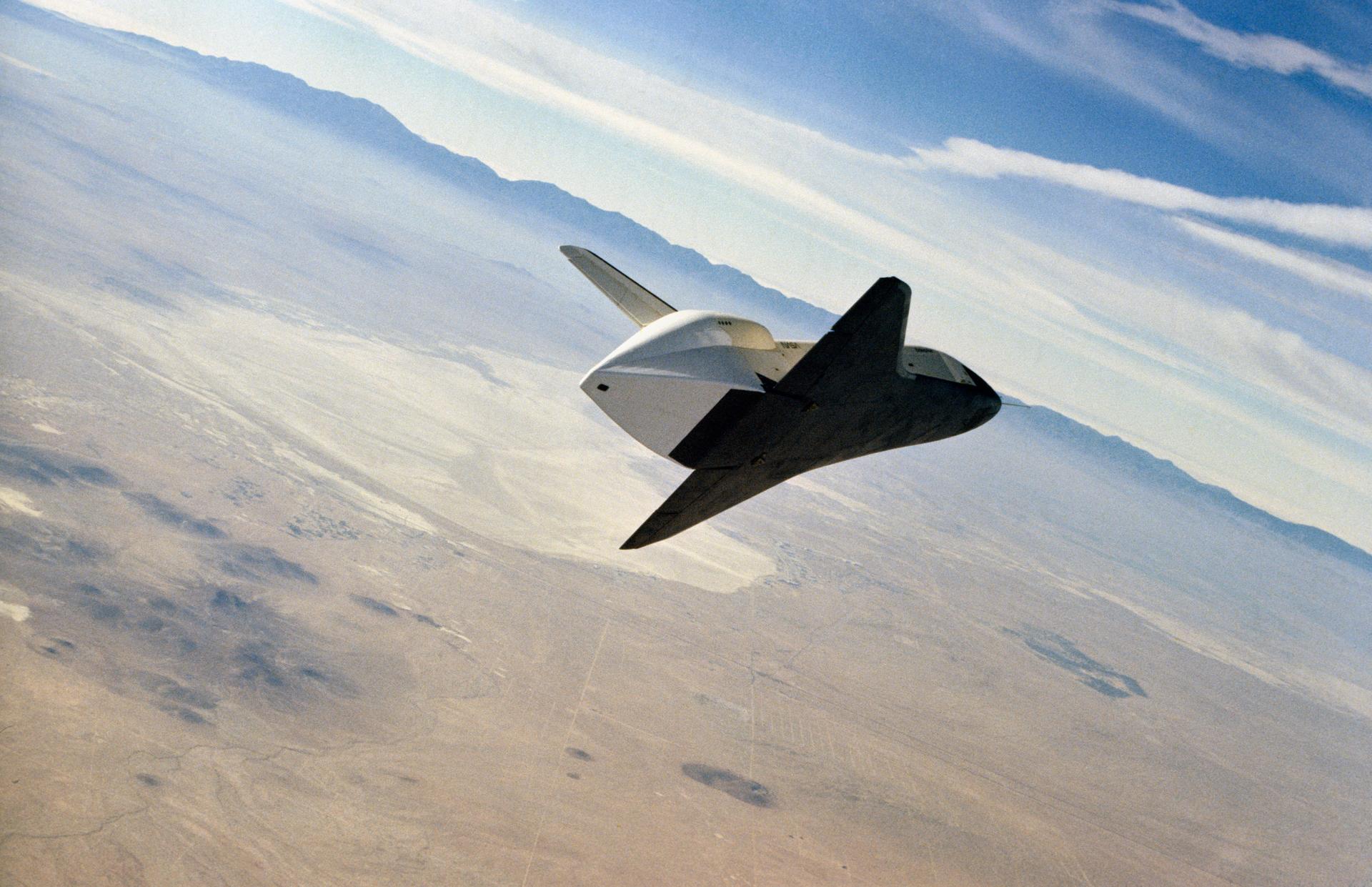 The Enterprise orbiter banks during the second free flight over the desert of Southern California.
