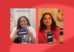 Two women smiling, holding phones with custom texts; left labeled "SABRINA," right "SAUCE." Text ove...
