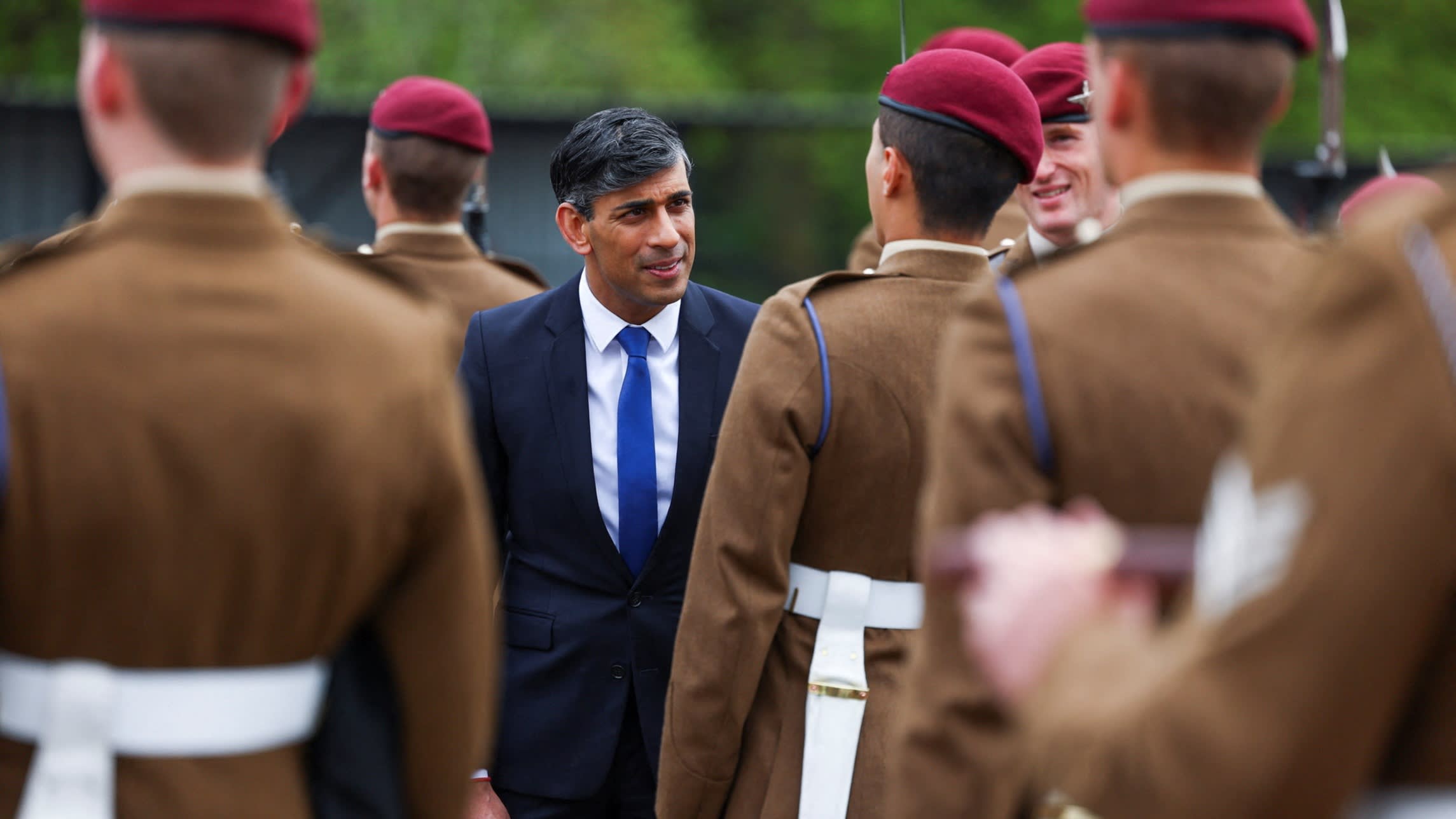Rishi Sunak inspects Parachute Regiment recruits during a passing out parade at Helles Barracks in North Yorkshire in May