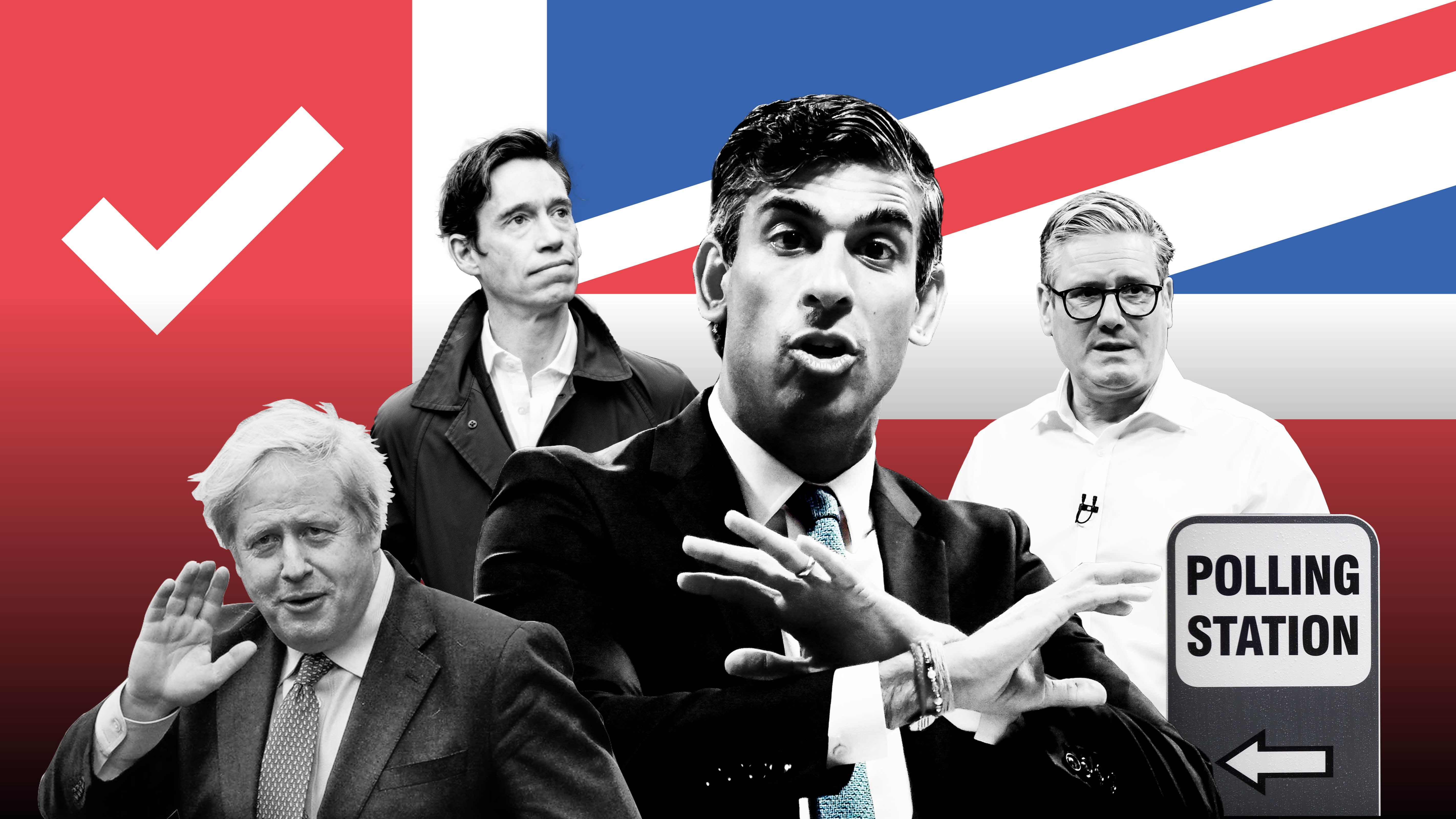 Photographs of Boris Johnson, Rory Stewart, Rishi Sunak and Keir Starmer against a background of the union jack and a large tick