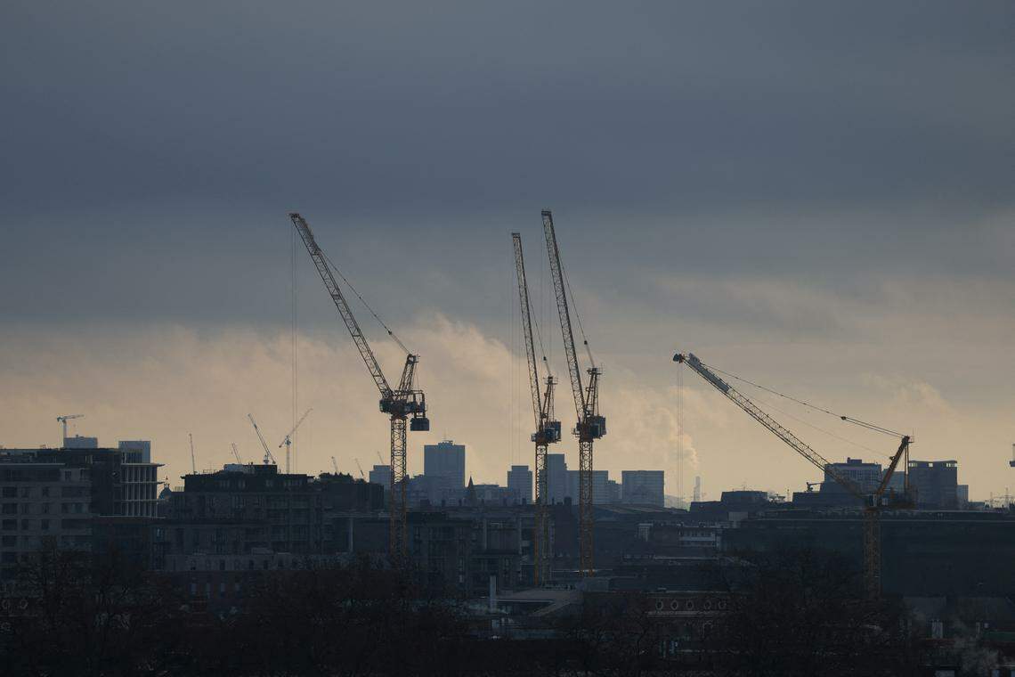 FILE PHOTO: A view shows construction cranes as seen from Primrose Hill, in London, Britain, February 10, 2024. REUTERS/Hollie Adams/File Photo