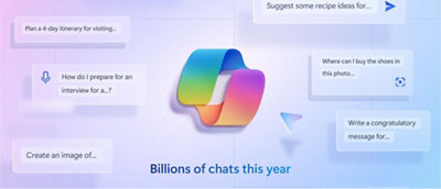 Gráfico colorido de bolhas de chat que representam uma interface de assistente digital com o texto "bilhões de chats este ano.
