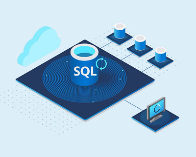 SQL Server とコンピューターの等角投影図。