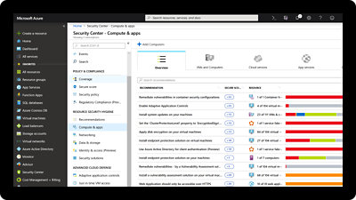 A guia de aplicativos e computação da Central de Segurança no Azure mostrando uma lista de recomendações.