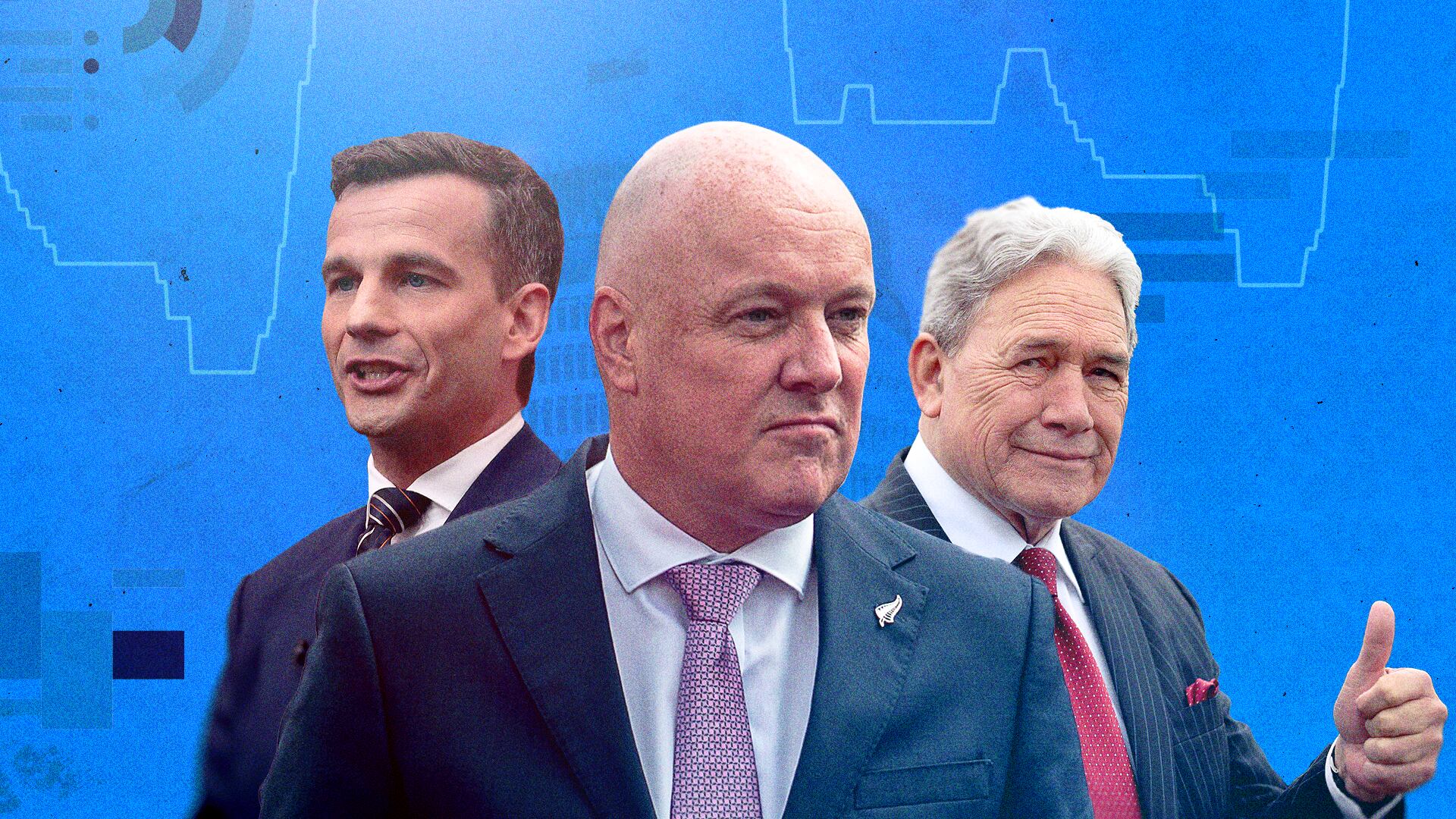 Coalition leaders David Seymour, Christopher Luxon and Winston Peters.  Composition image by Nadine Christmas (Source: 1News/Getty) 
