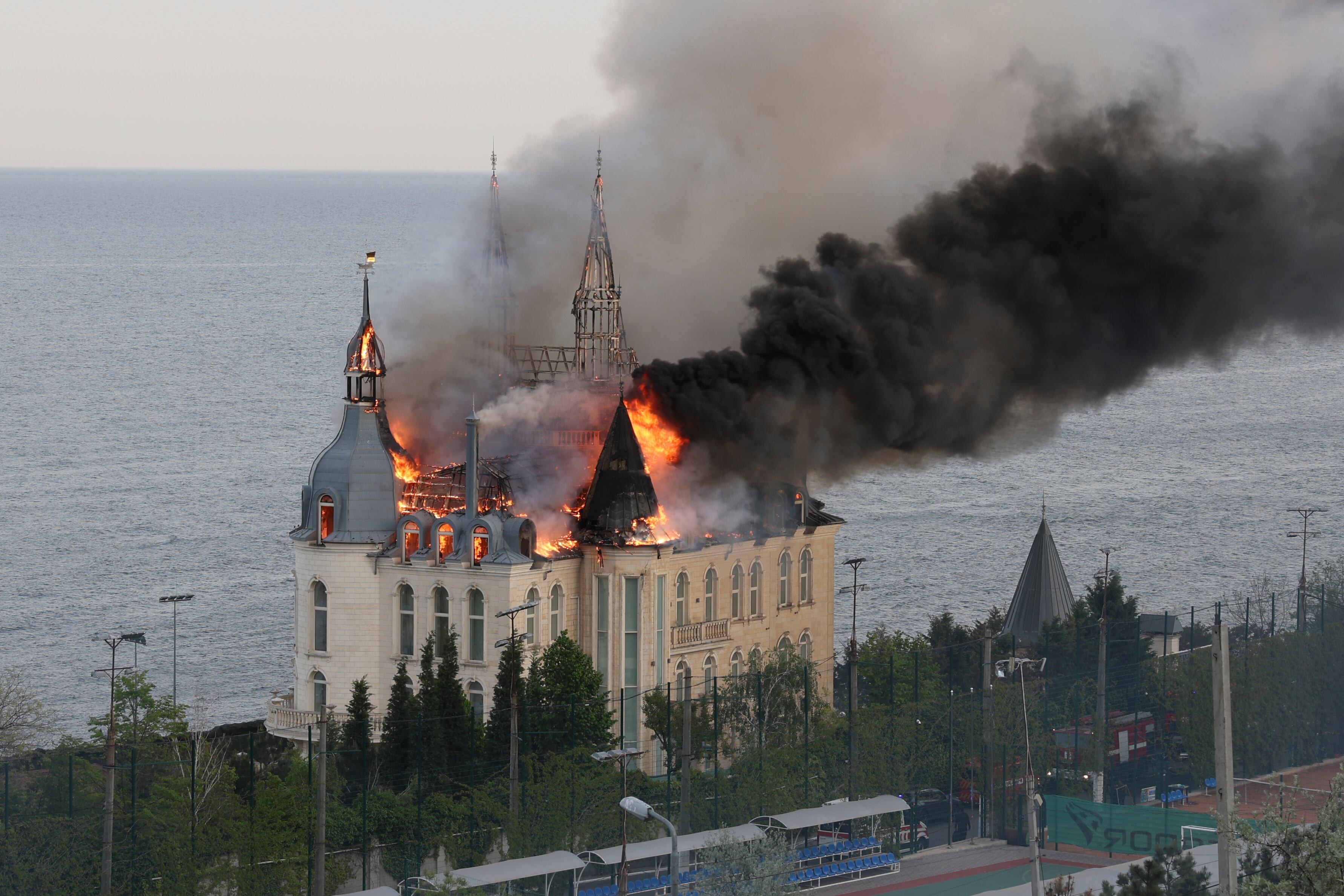 The building of the Odesa Law Academy, on fire after a Russian missile attack, April 29.