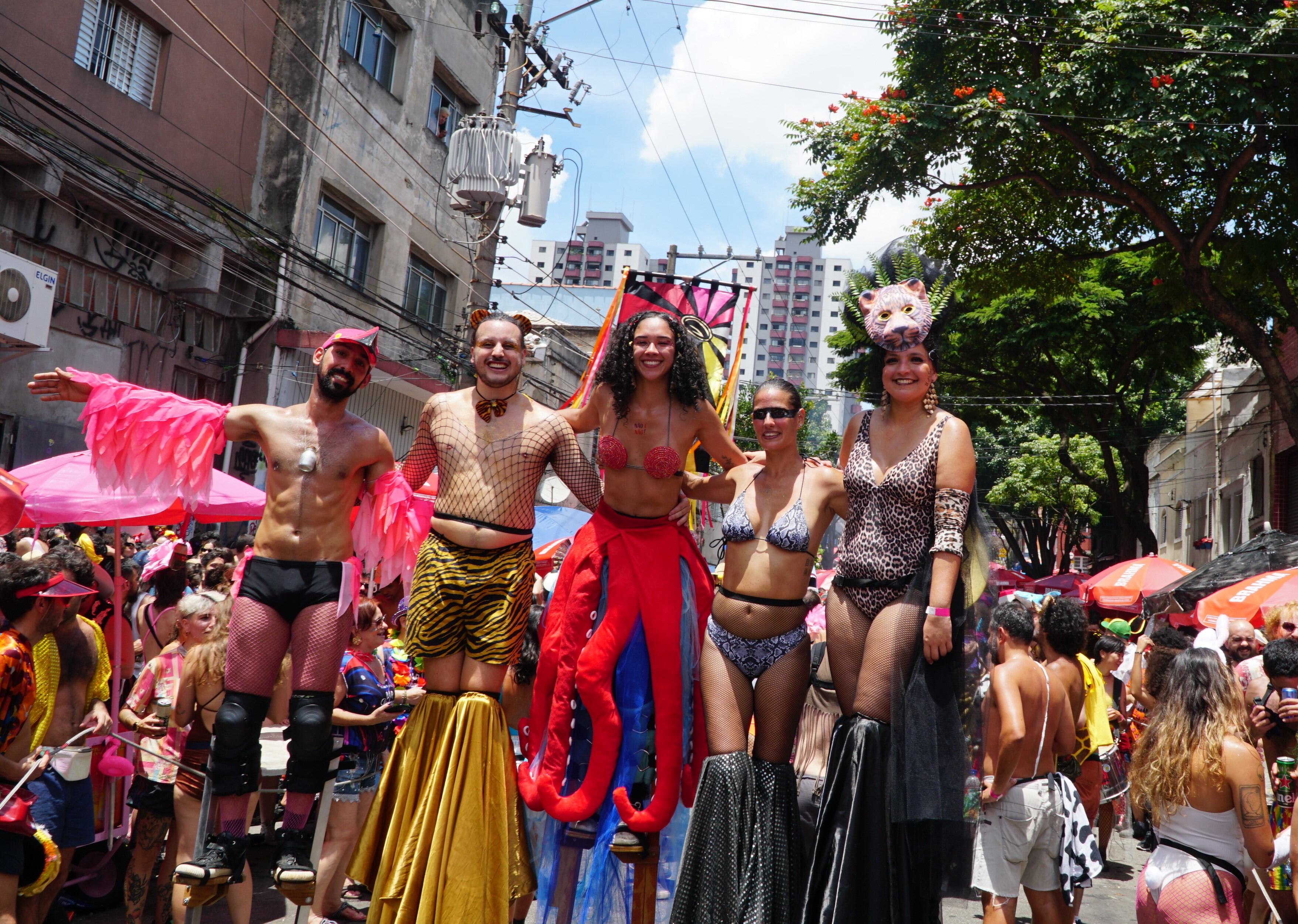 Bloco Manada — a carnival troupe — performing in the streets of the Barra Funda district of São Paulo.