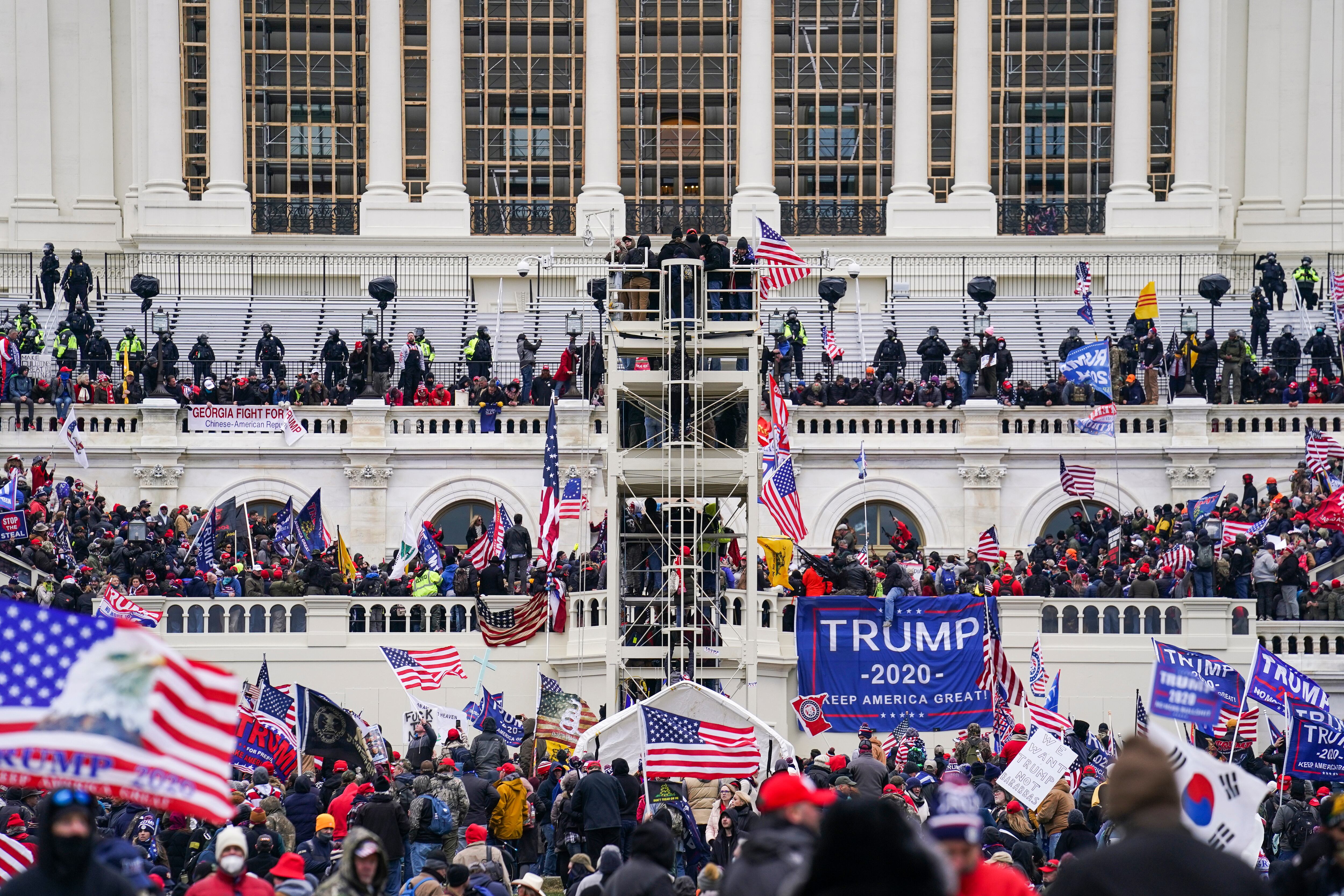 Insurrectionists loyal to President Donald Trump breach the U.S. Capitol in Washington, on January 6, 2021.