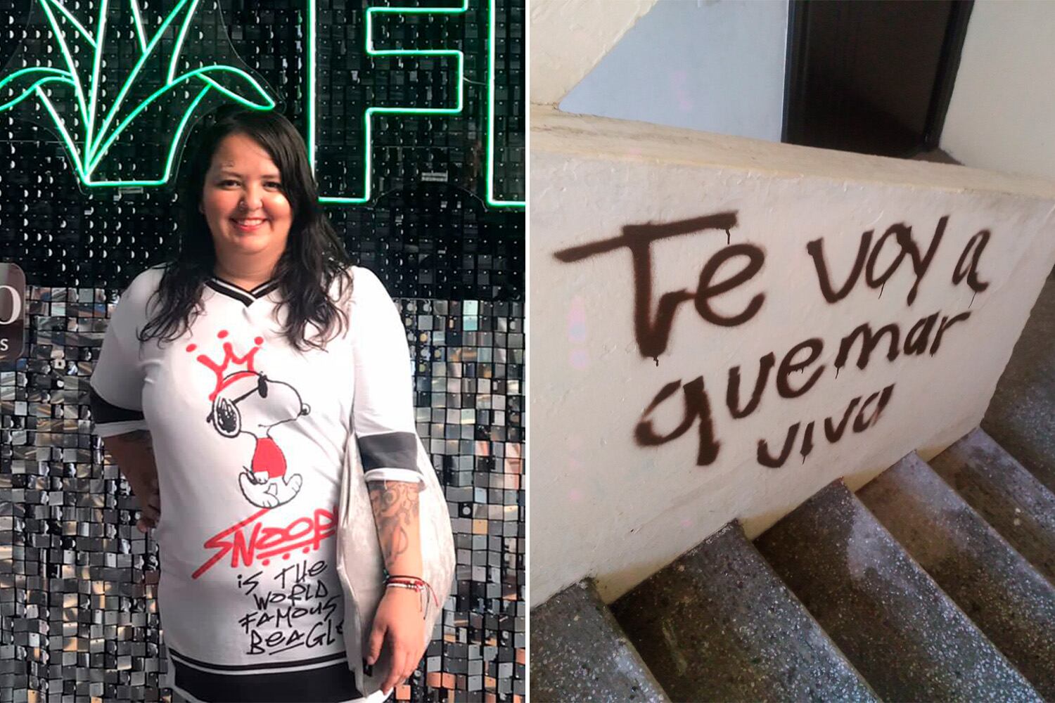 Luz Raquel Padilla in an image posted on her social media. Right: graffiti warning 'I am going to burn you alive'