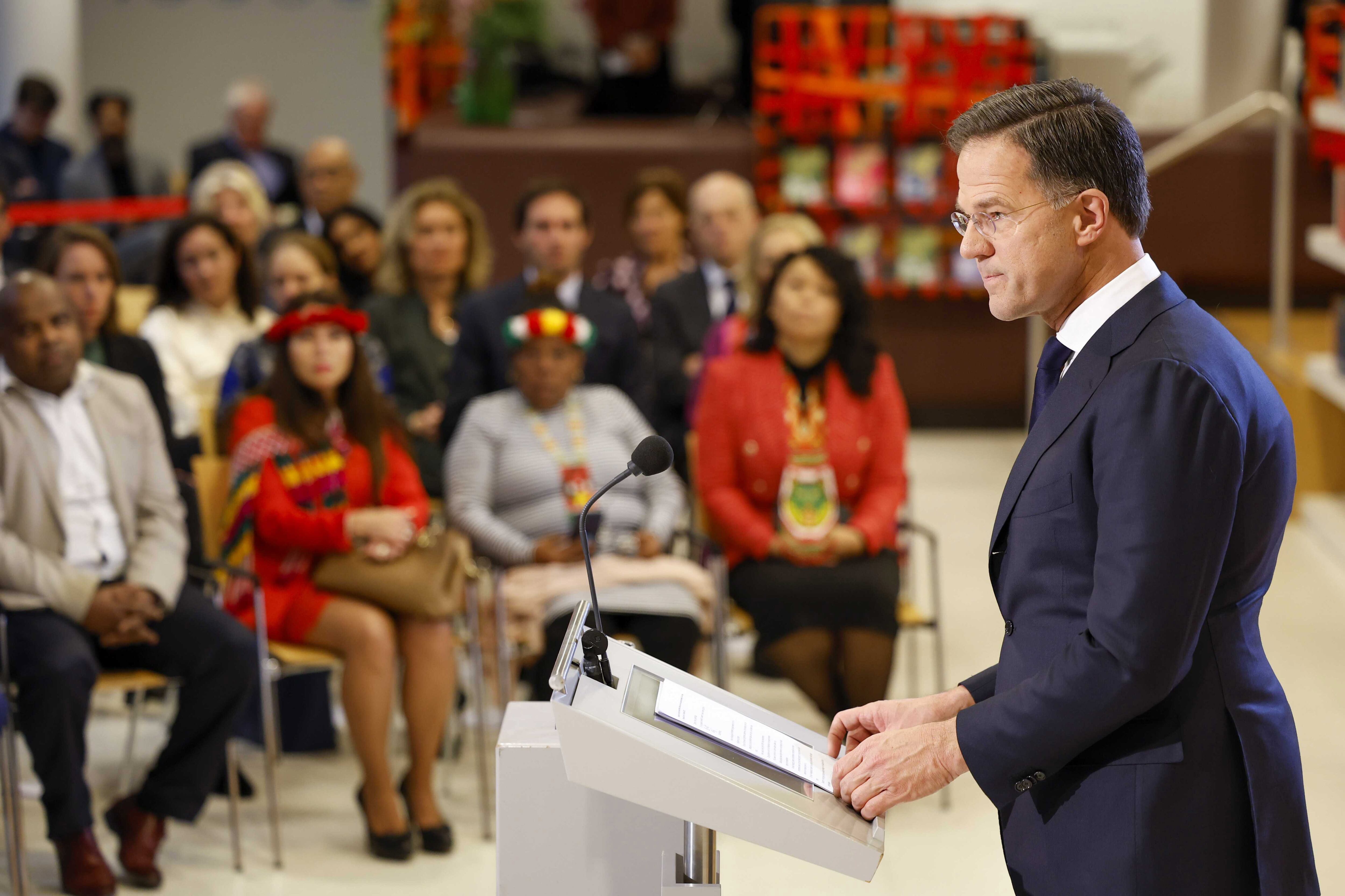 Dutch Prime Minister Mark Rutte delivers a speech apologizing on behalf of the government for the country's slave-owning past, at the National Archives in The Hague, on December 19, 2022.