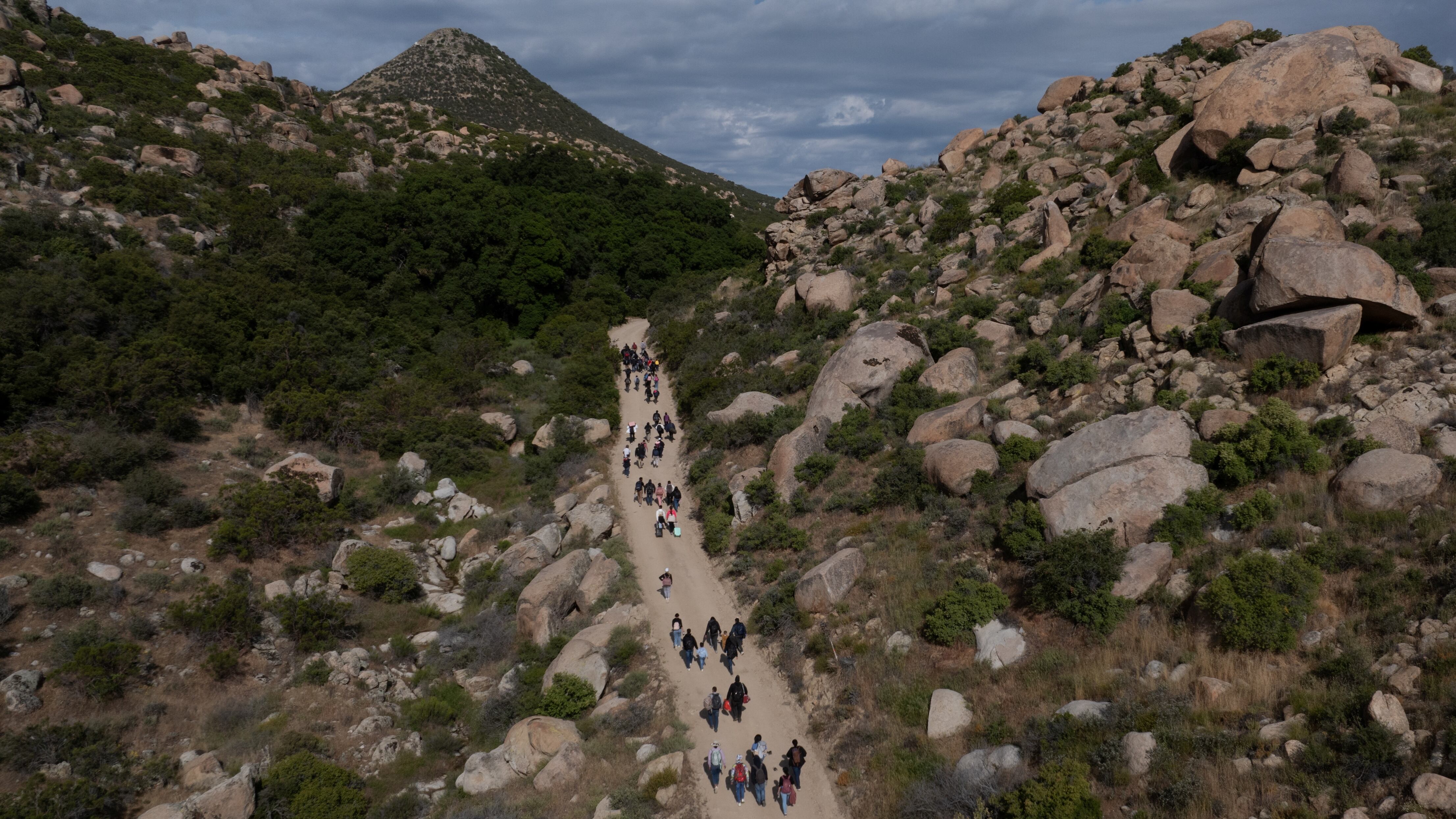 Asylum seekers on their way to surrender to U.S. immigration officials after crossing the border in Jacumba Hot Springs, California, on May 20, 2024.