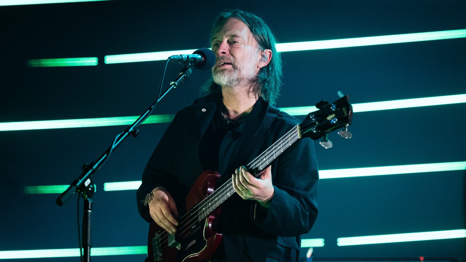Radiohead frontman Thom Yorke performs live at Alexandra Palace in London in March 2024.