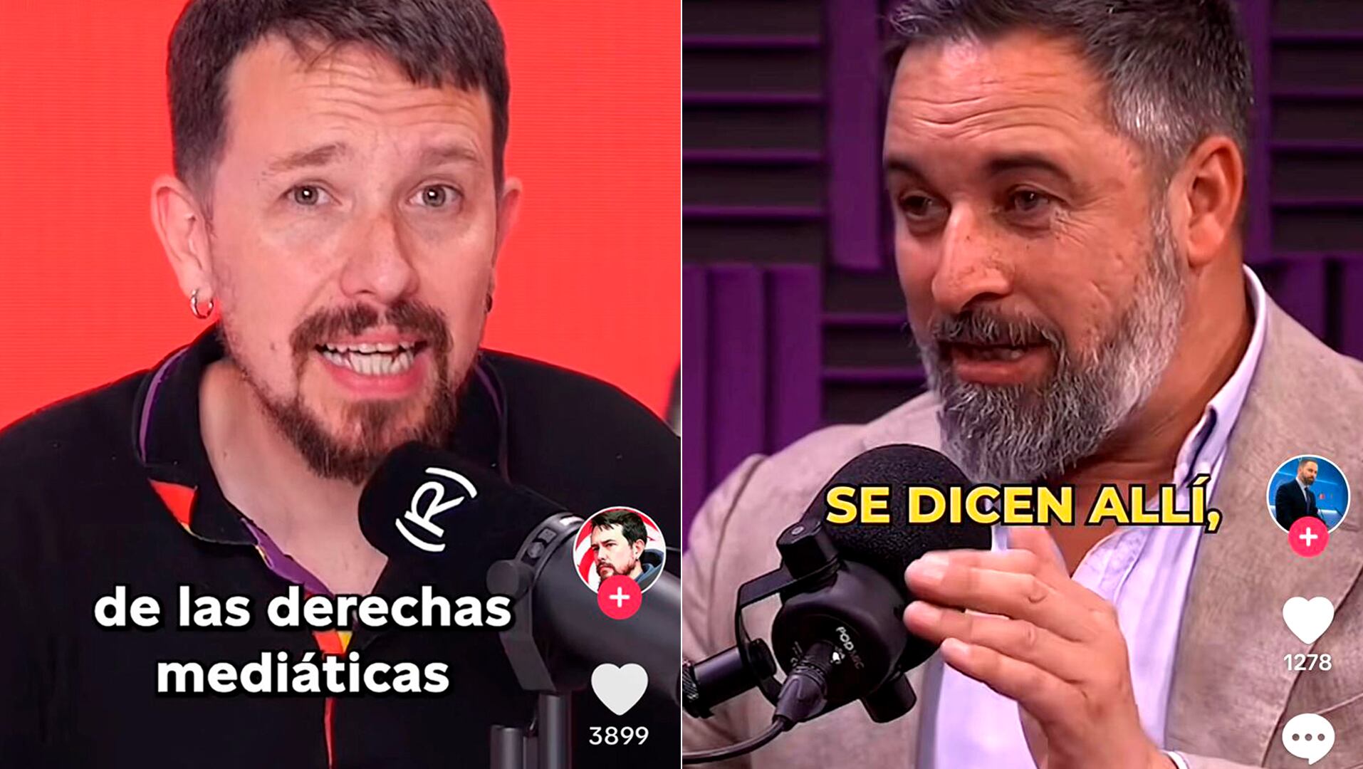 Captura de pantalla de vídeos dels comptes de Tiktok de Pablo Iglesias i de Santiago Abascal.