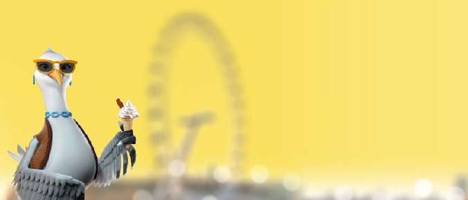 Summer promo banner: Sandy the bird with the London Eye in the background and icecream