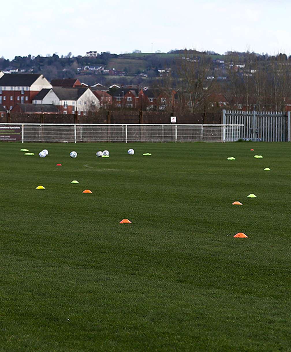A wide-angle shot showing a full-sized grass football pitch. Cones and footballs are spread out ready for a training session.